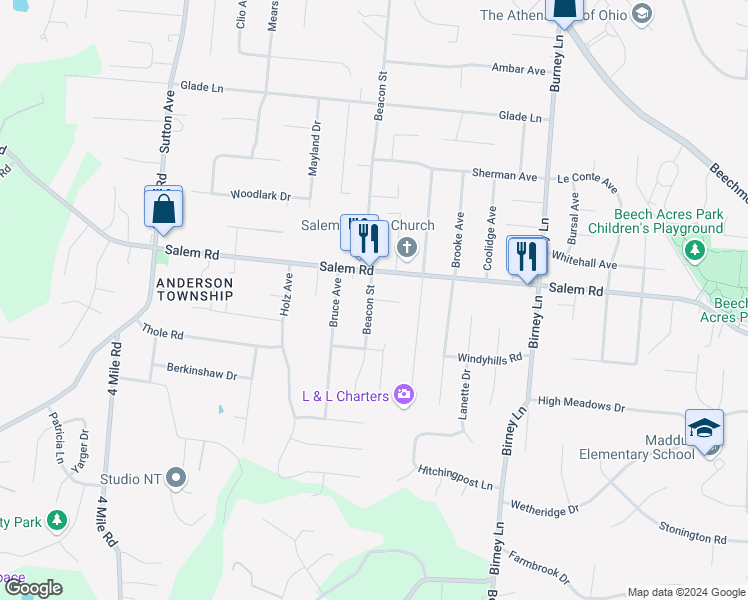 map of restaurants, bars, coffee shops, grocery stores, and more near 6401 Evelyn Drive in Cincinnati
