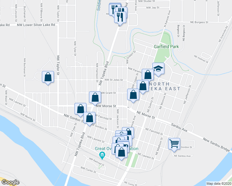map of restaurants, bars, coffee shops, grocery stores, and more near 316 Northwest Grant Street in Topeka