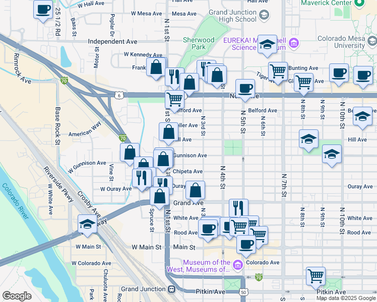 map of restaurants, bars, coffee shops, grocery stores, and more near 202 Gunnison Avenue in Grand Junction