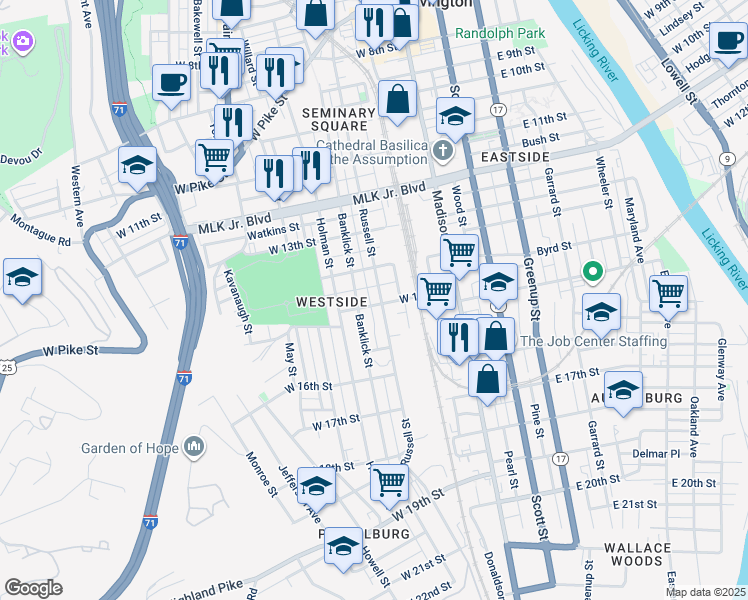 map of restaurants, bars, coffee shops, grocery stores, and more near 212 West 15th Street in Covington