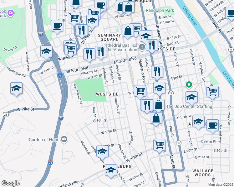 map of restaurants, bars, coffee shops, grocery stores, and more near 212 West 15th Street in Covington