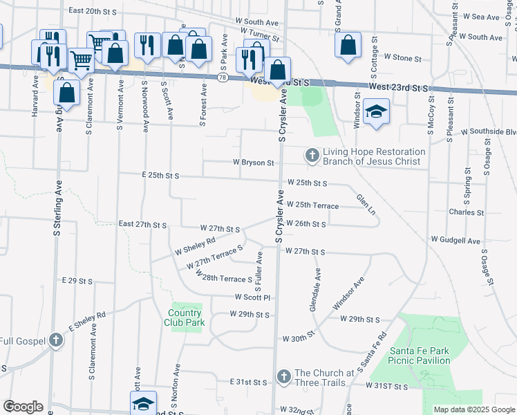 map of restaurants, bars, coffee shops, grocery stores, and more near 1304 West Sheley Road in Independence