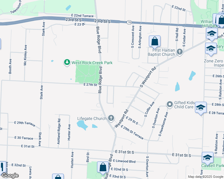 map of restaurants, bars, coffee shops, grocery stores, and more near 2707 South Glenwood Avenue in Independence