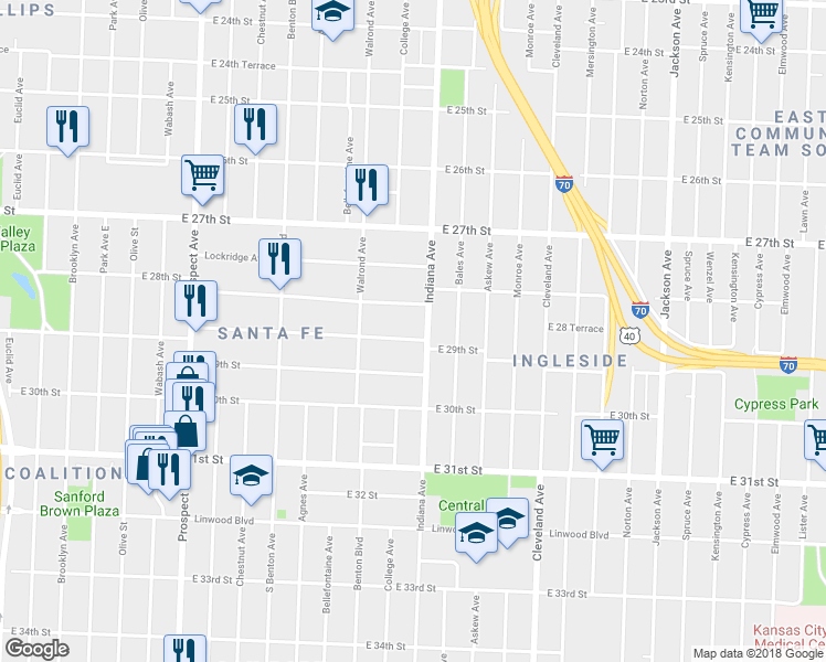 map of restaurants, bars, coffee shops, grocery stores, and more near 2839 Indiana Avenue in Kansas City
