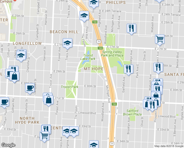 map of restaurants, bars, coffee shops, grocery stores, and more near 2904 Wayne Avenue in Kansas City