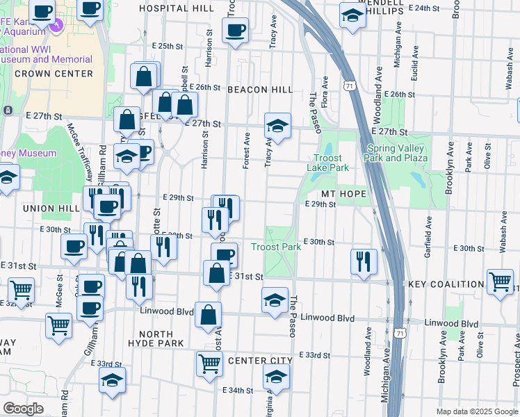 map of restaurants, bars, coffee shops, grocery stores, and more near 2918 Tracy Avenue in Kansas City