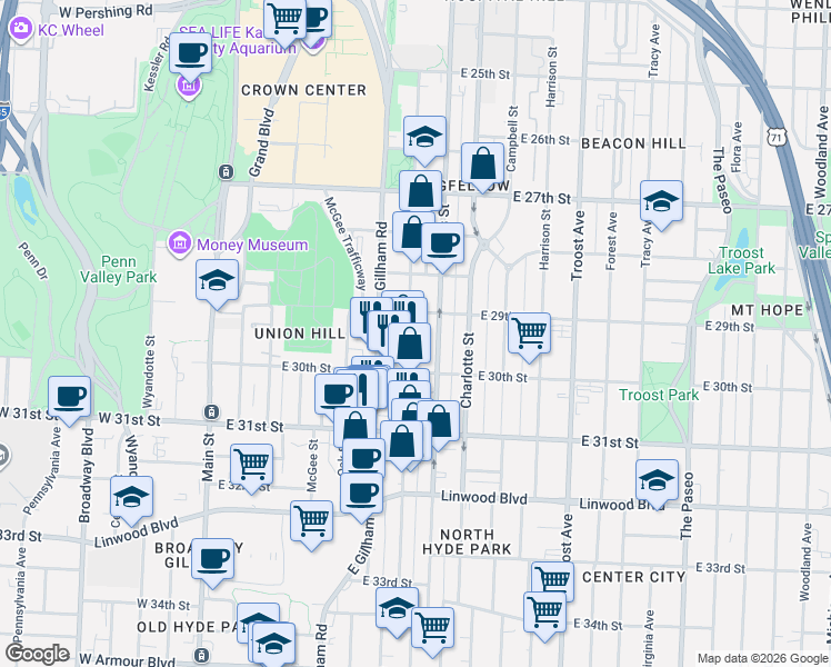 map of restaurants, bars, coffee shops, grocery stores, and more near 2924 Cherry Street in Kansas City