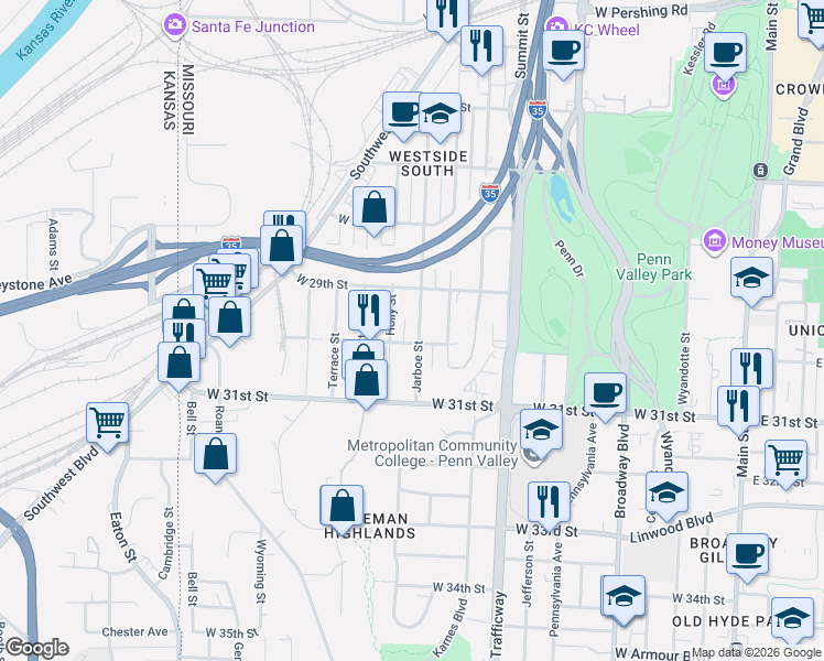 map of restaurants, bars, coffee shops, grocery stores, and more near 1018 West 30th Street in Kansas City