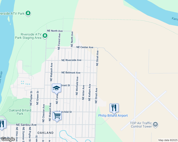 map of restaurants, bars, coffee shops, grocery stores, and more near 3000-3098 Northeast Belmont Avenue in Topeka