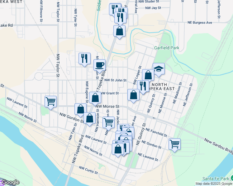 map of restaurants, bars, coffee shops, grocery stores, and more near 1232 Northwest Jackson Street in Topeka