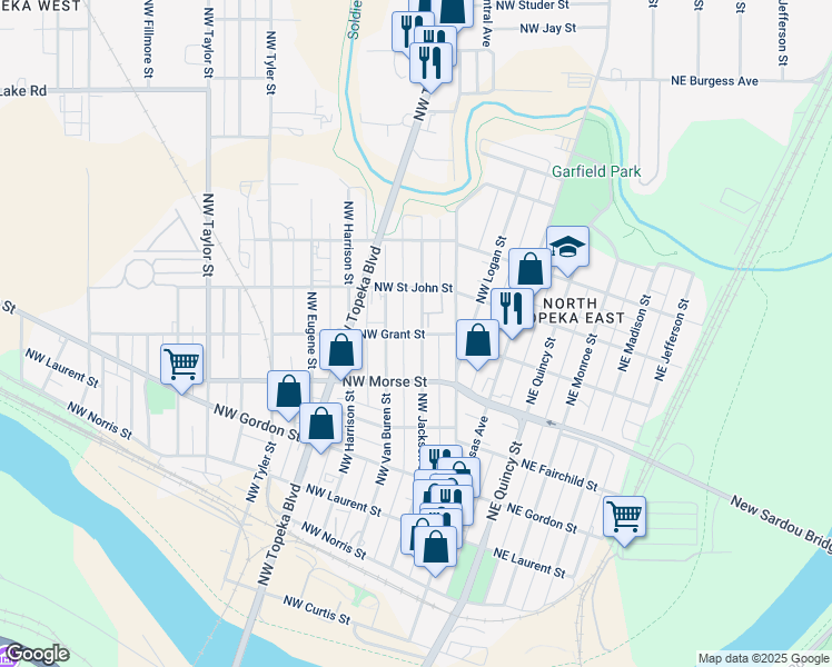 map of restaurants, bars, coffee shops, grocery stores, and more near 316 Northwest Grant Street in Topeka