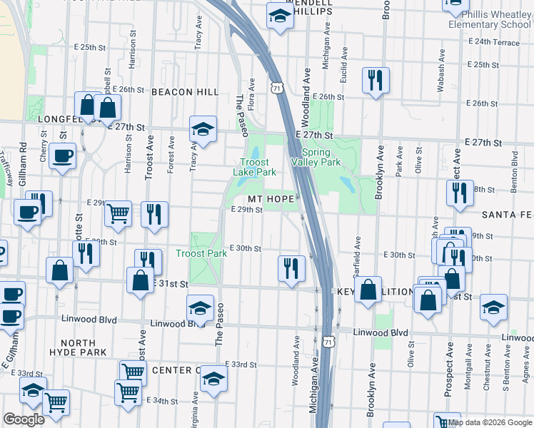 map of restaurants, bars, coffee shops, grocery stores, and more near 2904 Wayne Avenue in Kansas City