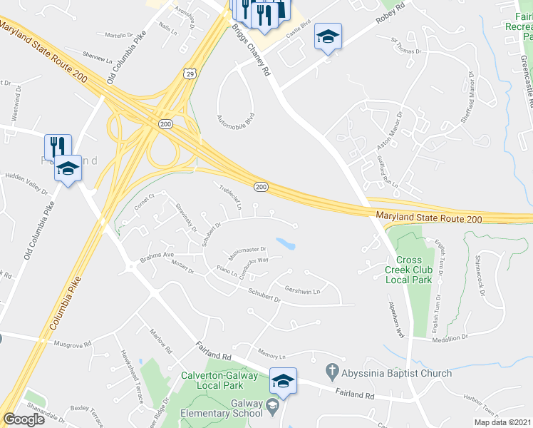 map of restaurants, bars, coffee shops, grocery stores, and more near 2843 Schubert Drive in Silver Spring