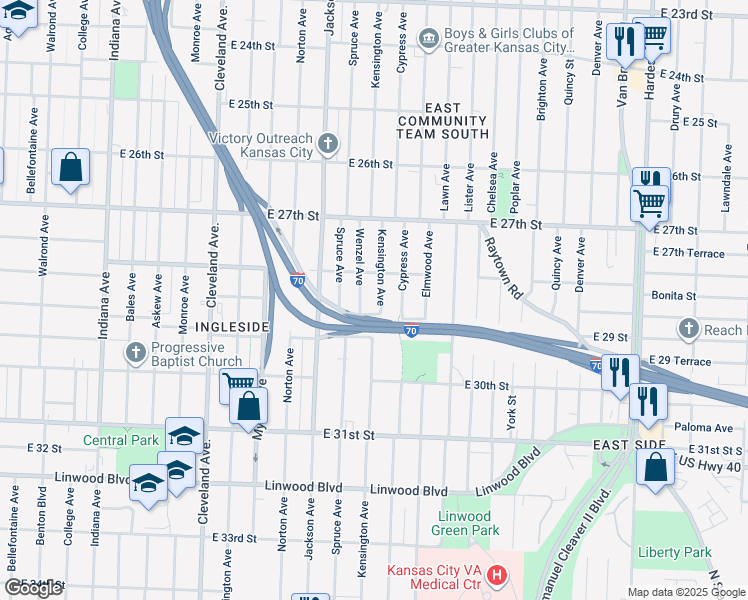 map of restaurants, bars, coffee shops, grocery stores, and more near 2822 Kensington Avenue in Kansas City