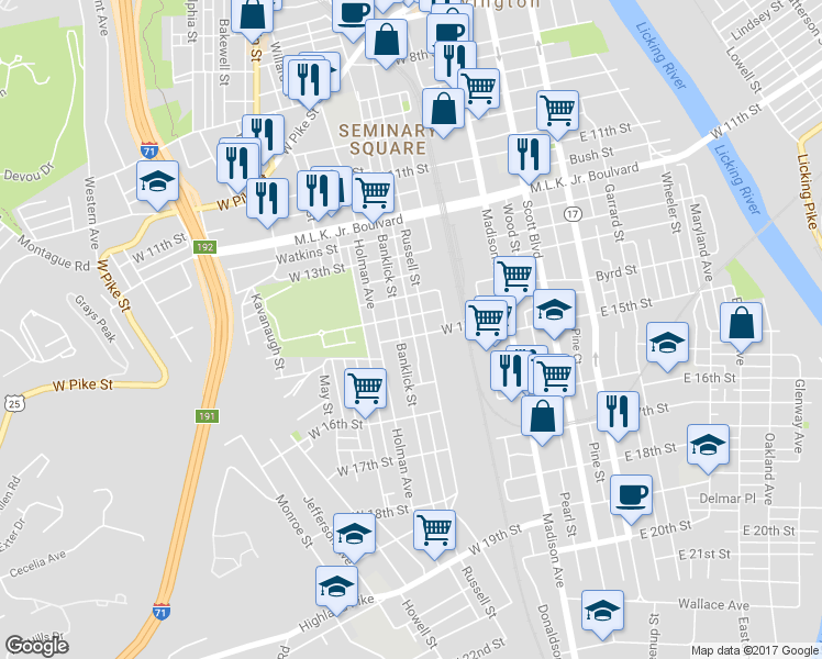 map of restaurants, bars, coffee shops, grocery stores, and more near 212 West 15th Street in Covington
