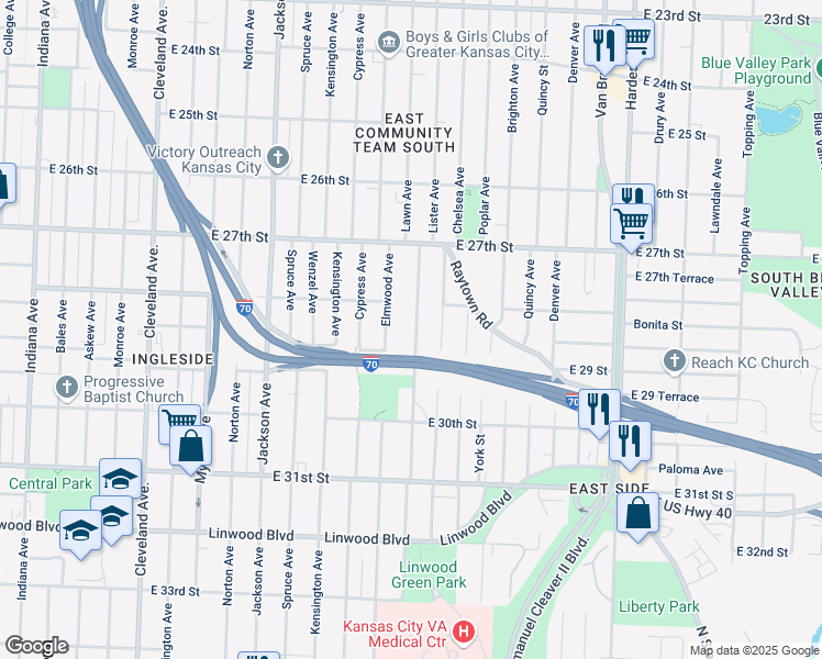 map of restaurants, bars, coffee shops, grocery stores, and more near 2820 Lister Avenue in Kansas City