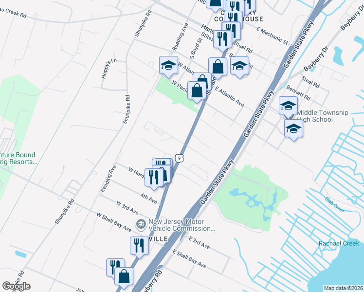 map of restaurants, bars, coffee shops, grocery stores, and more near 591 Route 9 South in Middle Township