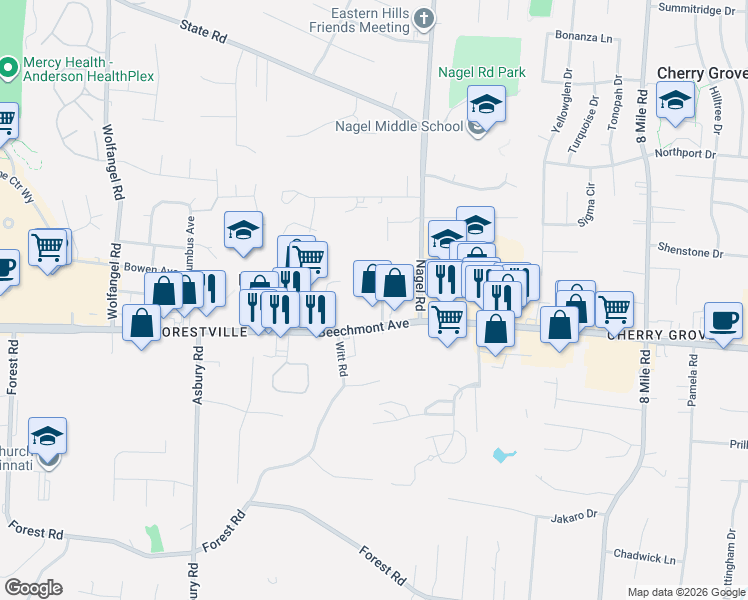 map of restaurants, bars, coffee shops, grocery stores, and more near 7978 Beechmont Avenue in Cincinnati