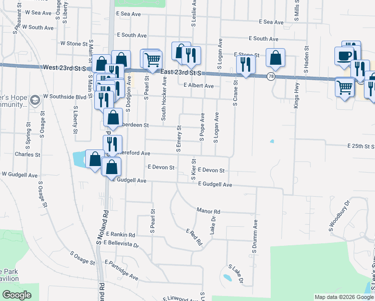 map of restaurants, bars, coffee shops, grocery stores, and more near 610 East Hereford Avenue in Independence