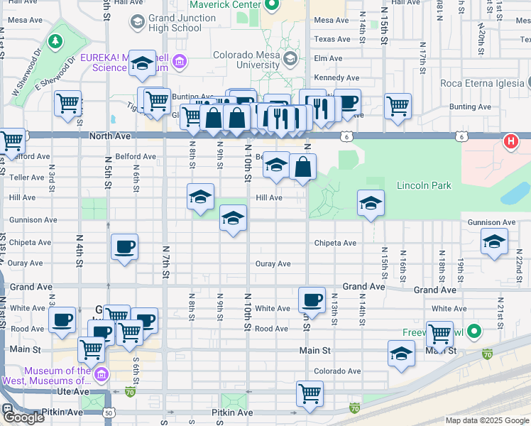 map of restaurants, bars, coffee shops, grocery stores, and more near 1040 Gunnison Avenue in Grand Junction