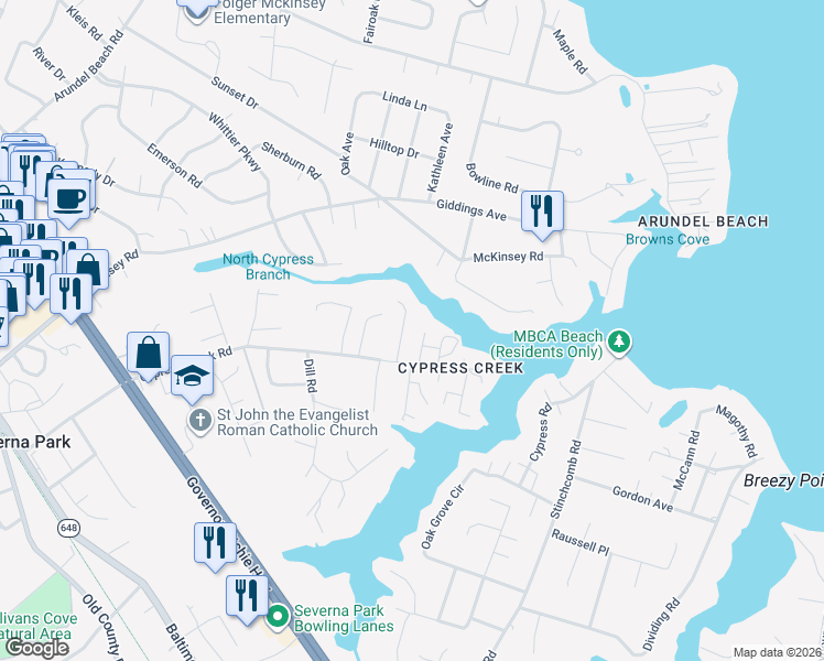 map of restaurants, bars, coffee shops, grocery stores, and more near 621 Cypress Road in Severna Park