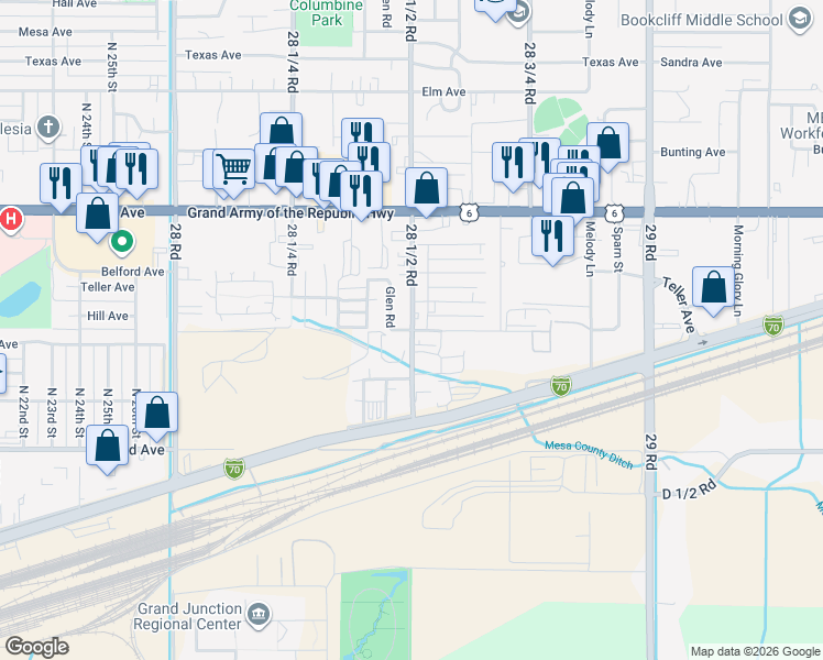 map of restaurants, bars, coffee shops, grocery stores, and more near 2849 Gunnison Avenue in Grand Junction