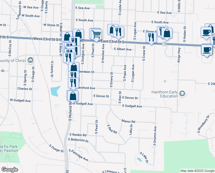 map of restaurants, bars, coffee shops, grocery stores, and more near 506 East Hereford Avenue in Independence