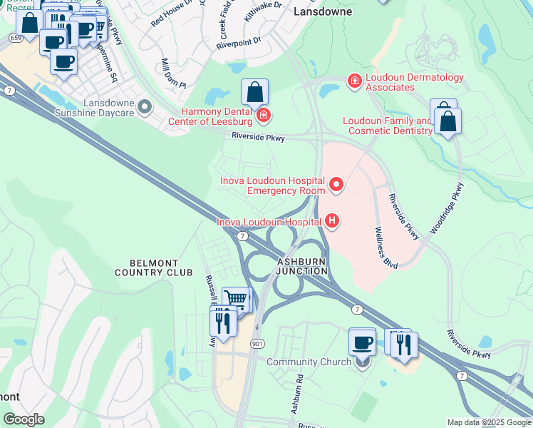 map of restaurants, bars, coffee shops, grocery stores, and more near 43950 Harbor Hills Terrace in Leesburg