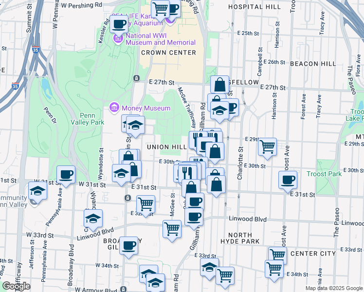 map of restaurants, bars, coffee shops, grocery stores, and more near 2922 Oak Street in Kansas City