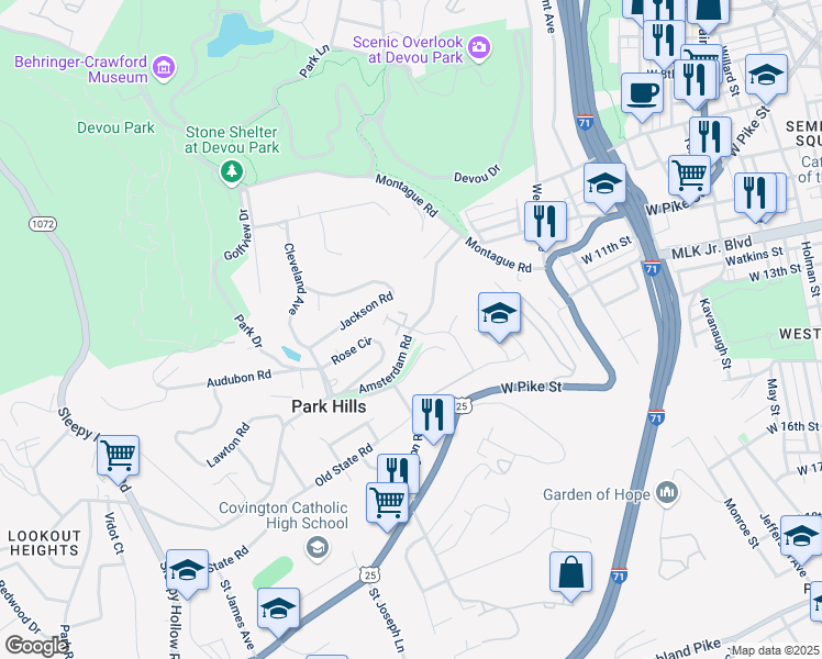 map of restaurants, bars, coffee shops, grocery stores, and more near 1003 Parkvale Court in Park Hills