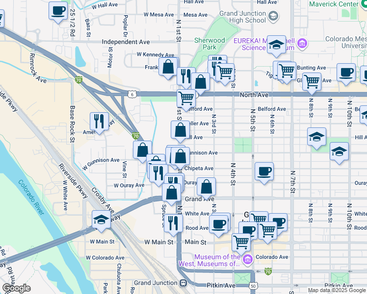 map of restaurants, bars, coffee shops, grocery stores, and more near 140 West Gunnison Avenue in Grand Junction