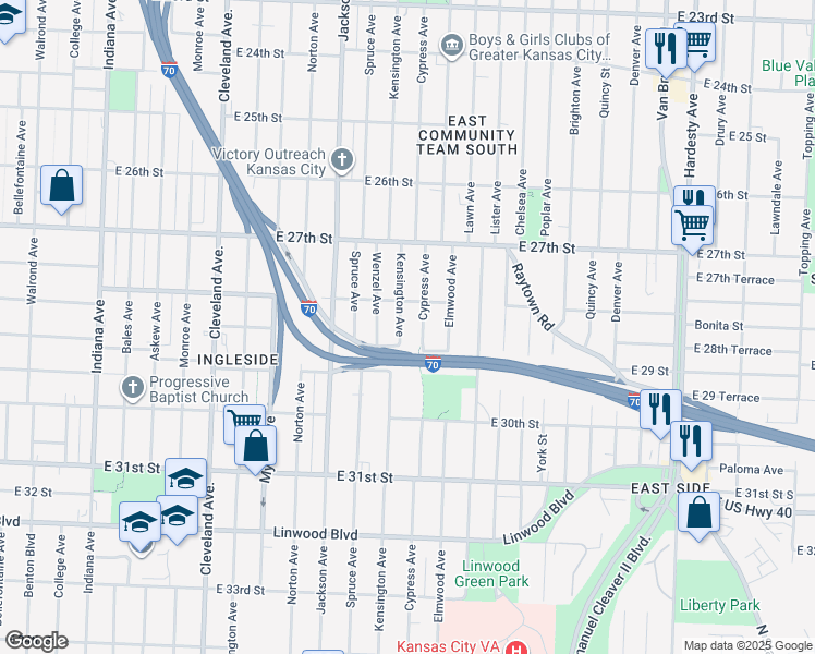map of restaurants, bars, coffee shops, grocery stores, and more near 2829 Kensington Avenue in Kansas City