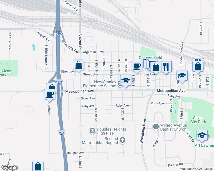 map of restaurants, bars, coffee shops, grocery stores, and more near 3730 Metropolitan Avenue in Kansas City