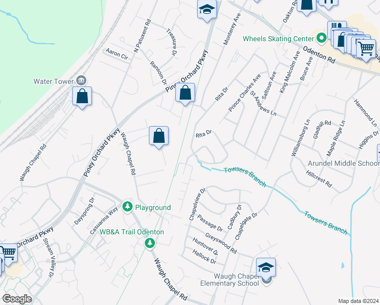 map of restaurants, bars, coffee shops, grocery stores, and more near 550 Rita Drive in Odenton