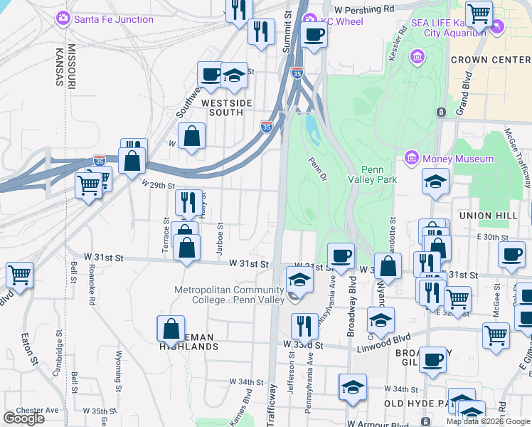 map of restaurants, bars, coffee shops, grocery stores, and more near 2950 Summit Street in Kansas City