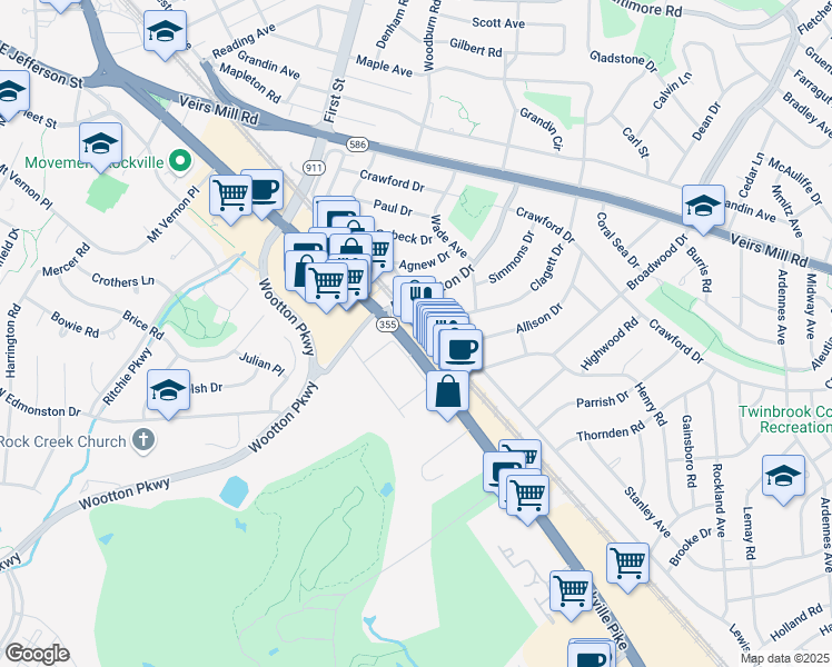 map of restaurants, bars, coffee shops, grocery stores, and more near 1010 Rockville Pike in Rockville
