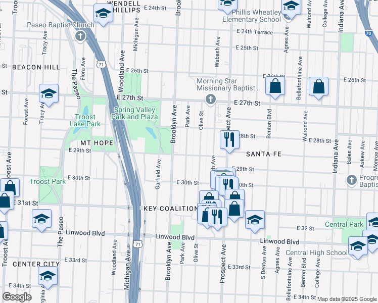 map of restaurants, bars, coffee shops, grocery stores, and more near 2843 Park Avenue in Kansas City