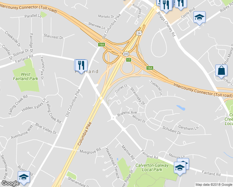 map of restaurants, bars, coffee shops, grocery stores, and more near 2741 Cornet Court in Silver Spring