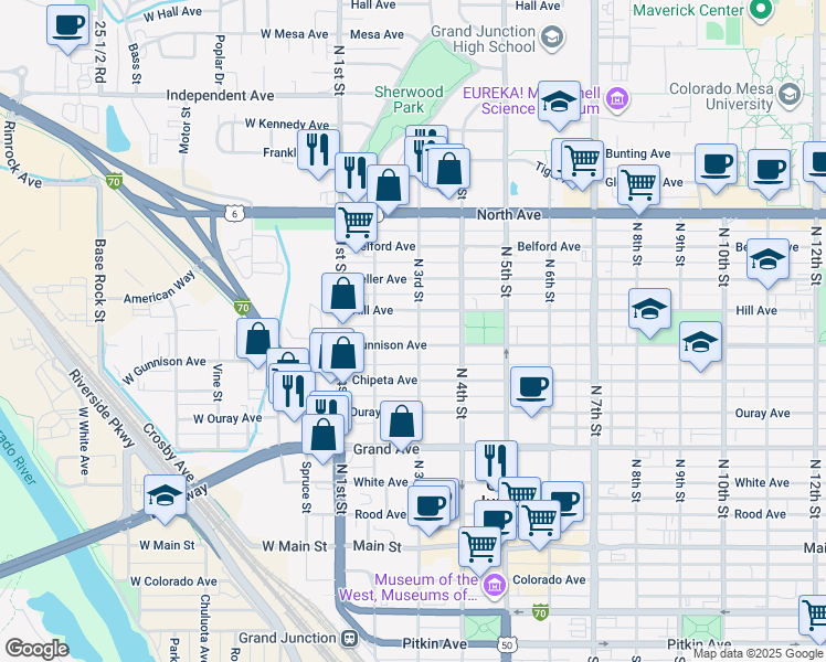 map of restaurants, bars, coffee shops, grocery stores, and more near 202 Gunnison Avenue in Grand Junction