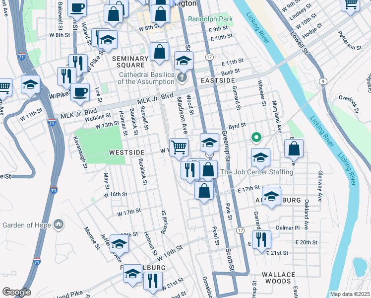 map of restaurants, bars, coffee shops, grocery stores, and more near 1507 Madison Avenue in Covington