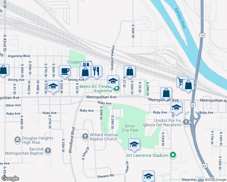 map of restaurants, bars, coffee shops, grocery stores, and more near 1429 South 29th Street in Kansas City