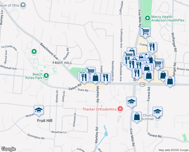 map of restaurants, bars, coffee shops, grocery stores, and more near 7191 Paddison Road in Cincinnati