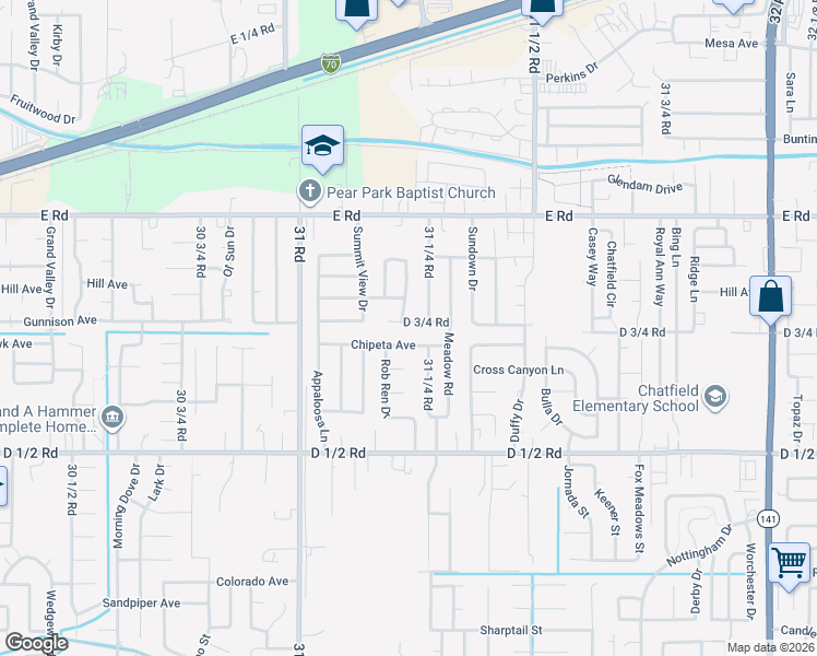 map of restaurants, bars, coffee shops, grocery stores, and more near 3120 Chipeta Ave in Grand Junction