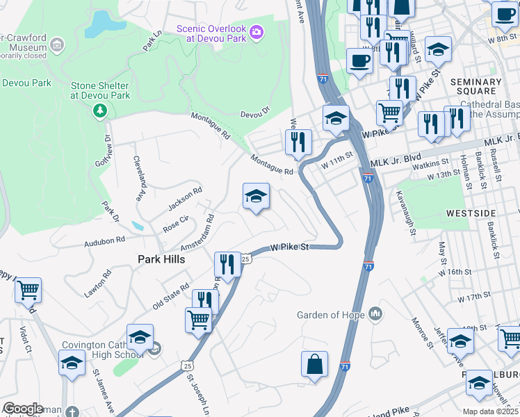 map of restaurants, bars, coffee shops, grocery stores, and more near 1025 Amsterdam Road in Park Hills