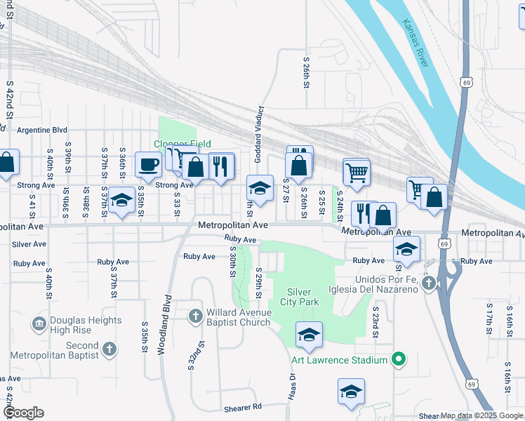 map of restaurants, bars, coffee shops, grocery stores, and more near 1429 South 29th Street in Kansas City