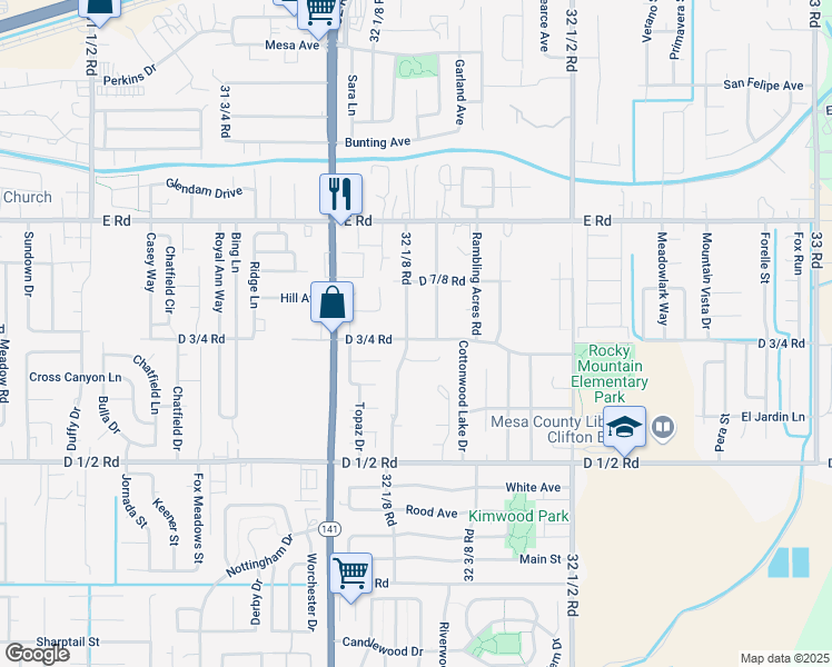 map of restaurants, bars, coffee shops, grocery stores, and more near 3219 D 3/4 Road in Clifton