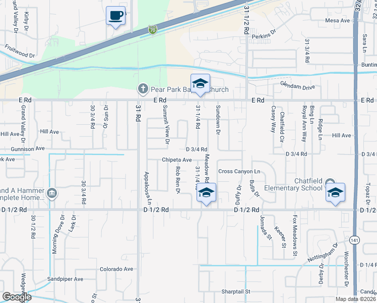 map of restaurants, bars, coffee shops, grocery stores, and more near 3120 Chipeta Ave in Grand Junction