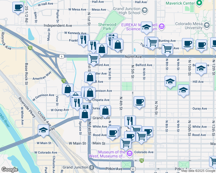 map of restaurants, bars, coffee shops, grocery stores, and more near 202 Gunnison Avenue in Grand Junction