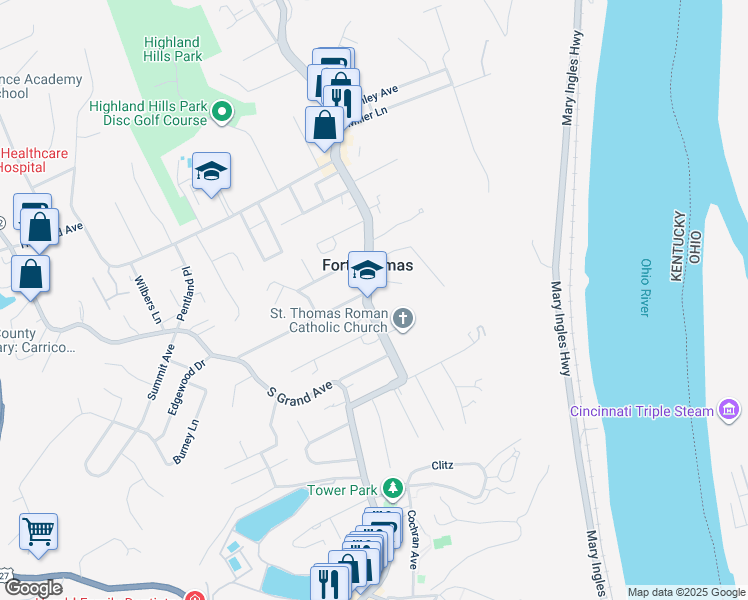 map of restaurants, bars, coffee shops, grocery stores, and more near 411-427 South Fort Thomas Avenue in Fort Thomas