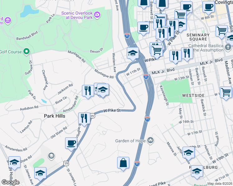 map of restaurants, bars, coffee shops, grocery stores, and more near 1211 Southgate Street in Covington